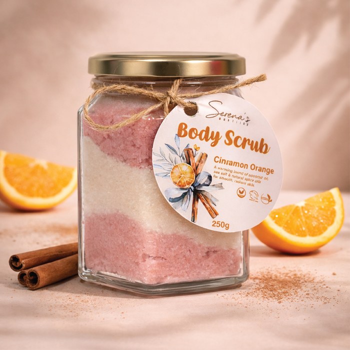 SERENA'S BODYLINE CINNAMON ORANGE BODY SCRUB JAR